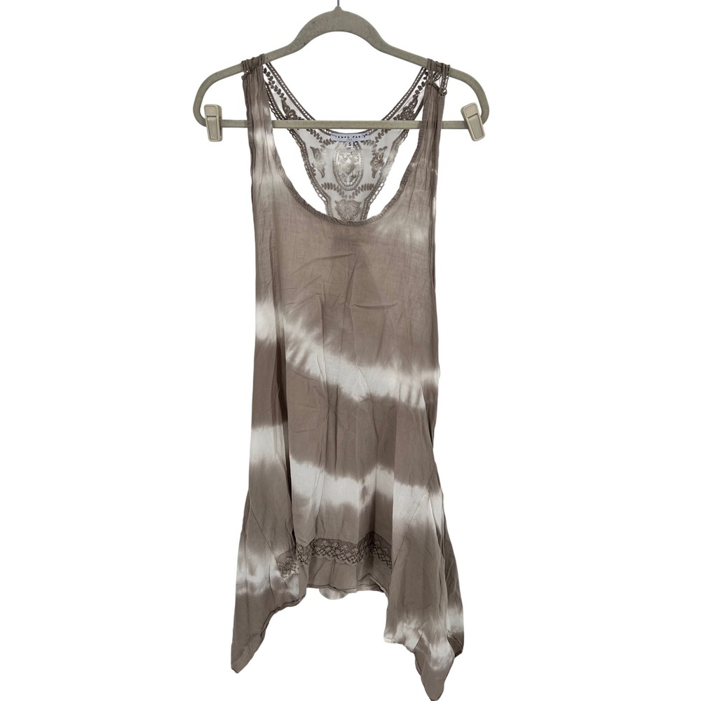 Tempo Paris Tie Dye Lace Racerback Dress Taupe Small Handkerchief Hem